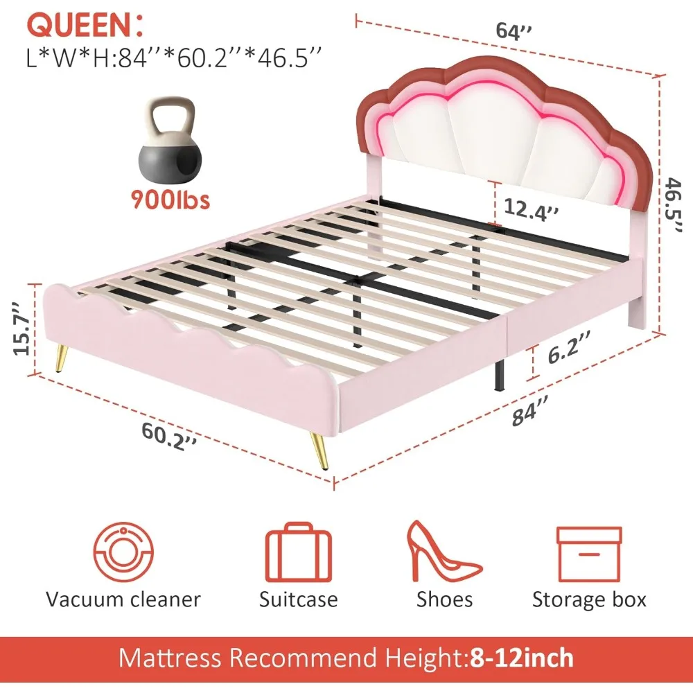 Gepolsterter intelligenter LED-Bettrahmen für Queen-Size-Betten mit verstellbarem Kopfteil, rosafarbener Plattform-Bettrahmen, Queen-Size-Größe mit Holzlattenunterstützung