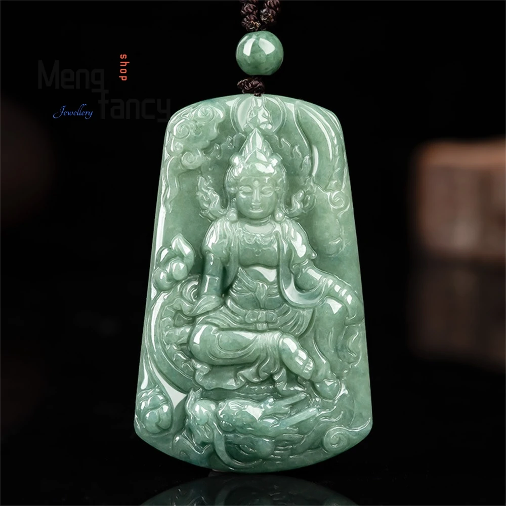 Natural A-Grade Jadeite Bean Seed Riding Dragon Guanyin Jade Pendant National Style Buddhist Amulets Exquisite Fashion Jewelry
