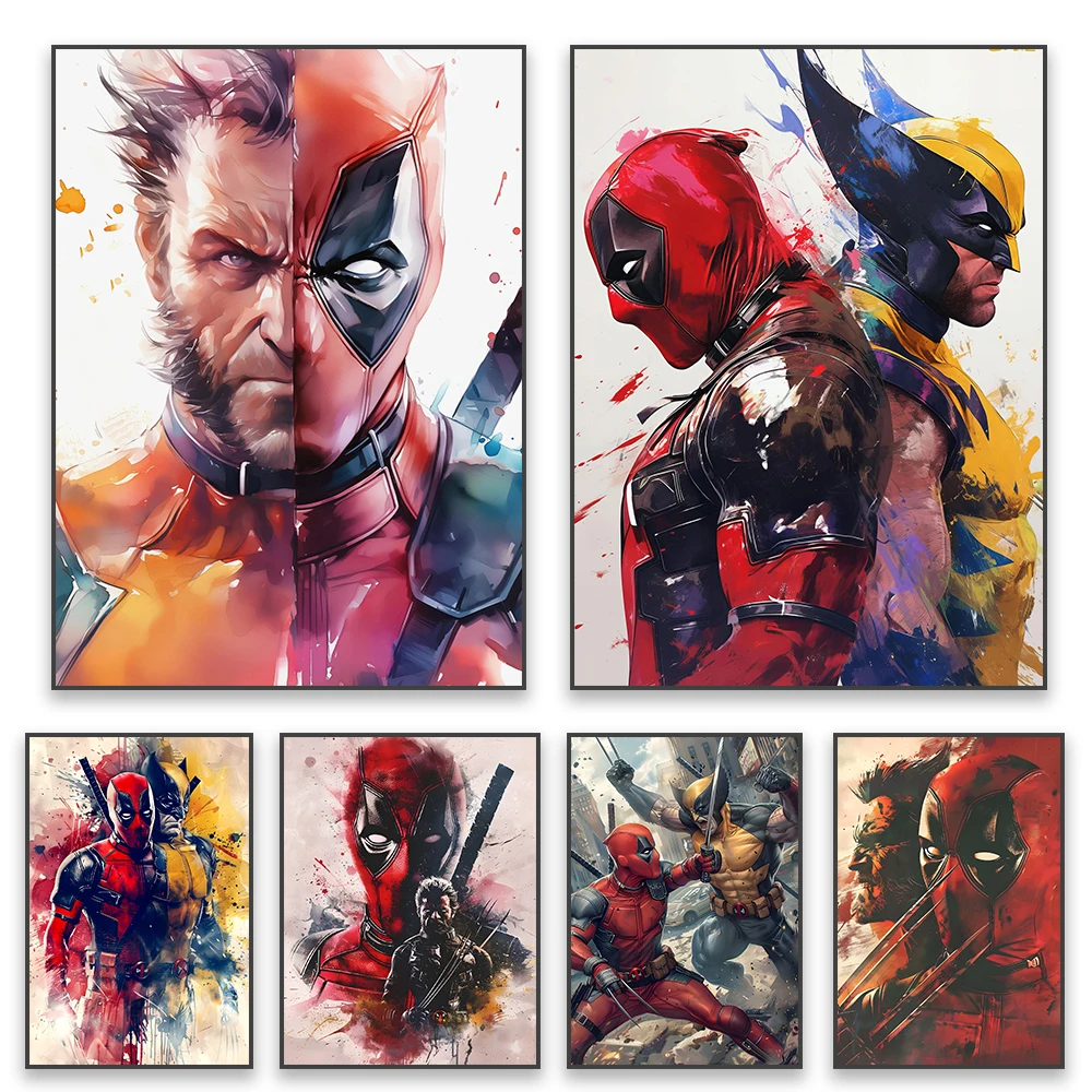 Deadpool & Wolverine Movie Poster Disney Funny Deadpool Watercolour Art Print Comic Book Superhero Canvas Painting Bedroom Decor