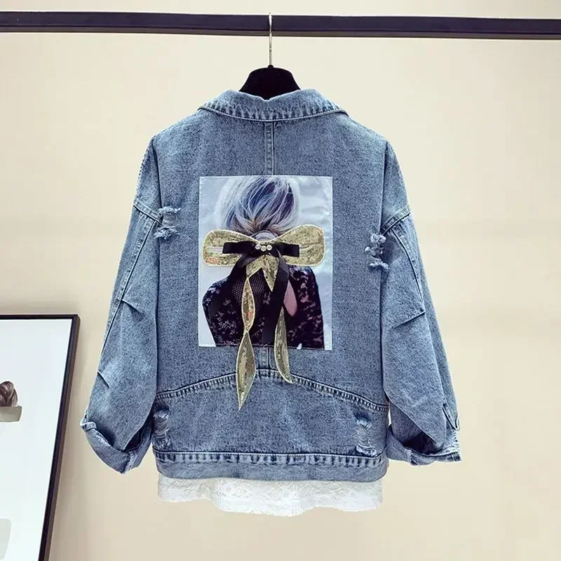 Women Embroidery Ripped Denim Biker Jacket Retro Collar with Shoulders Motorcycle Biker Jean Coat Cardigan Moto Outerwear