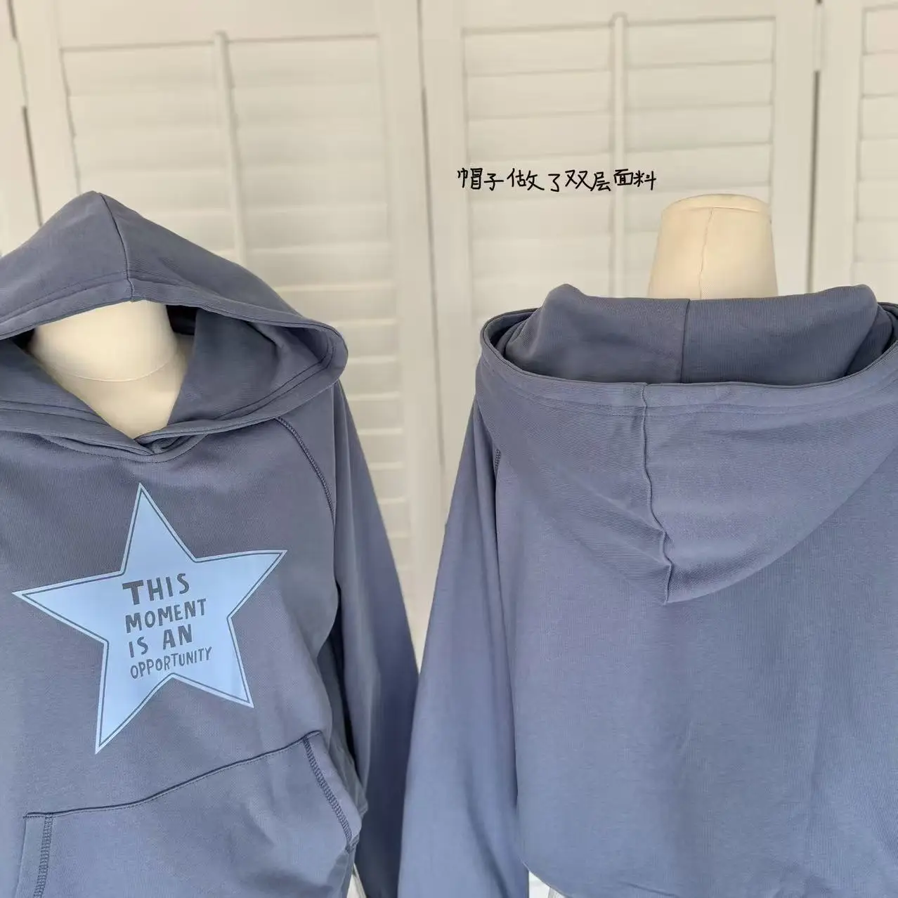 Hooded Tops Blue Distressed Star Print Loose Hoodie for Women Letter Graphic Oversized Sweatshirt with Large Pockets