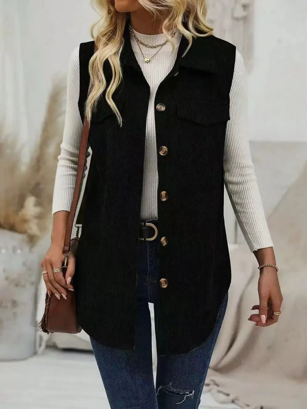 Spring and Autumn Women's Clothing, European and American Vest, Lapel Cardigan, Casual Commuting Corduroy Women's Vest