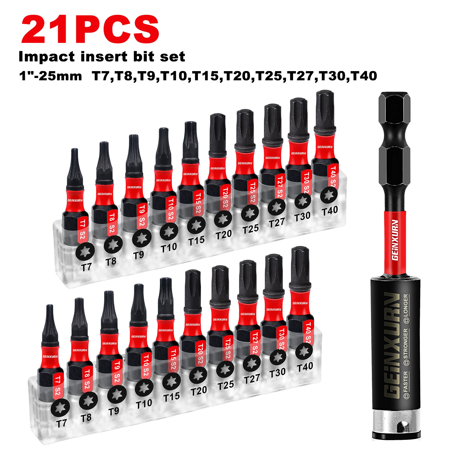 Geinxurn 1 inch T7-T40 Torx-schroevendraaierbitset, slagvast magnetisch S2 gelegeerd staal sterbit met Sase