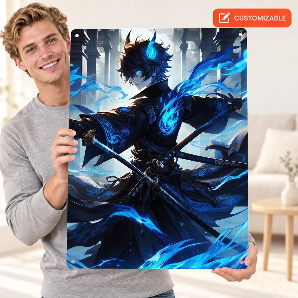 Samurai With Blue Flames Printed Poster Personalized Aluminum Metal Sign Vivid Neon Digital Illustration Wall Art For Bedroom
