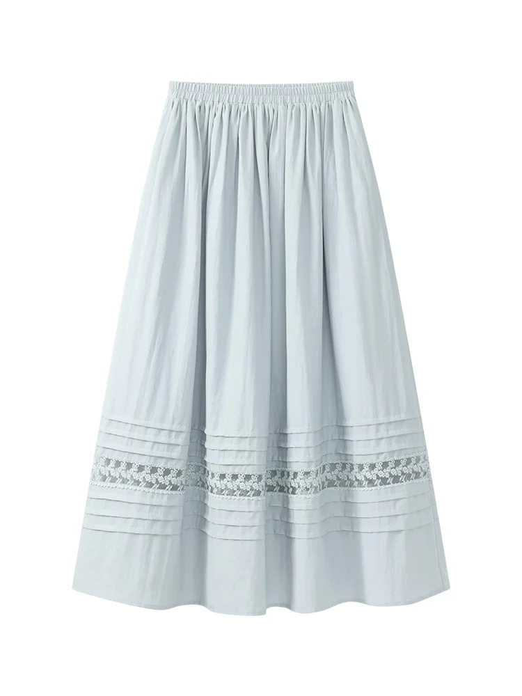 Blue Lace Patchwork Midi Skirt Women Summer High Waist A-Line Skirt Flowy Big Hem Skirt Hip Coverage Slim Look Casual Chic Style