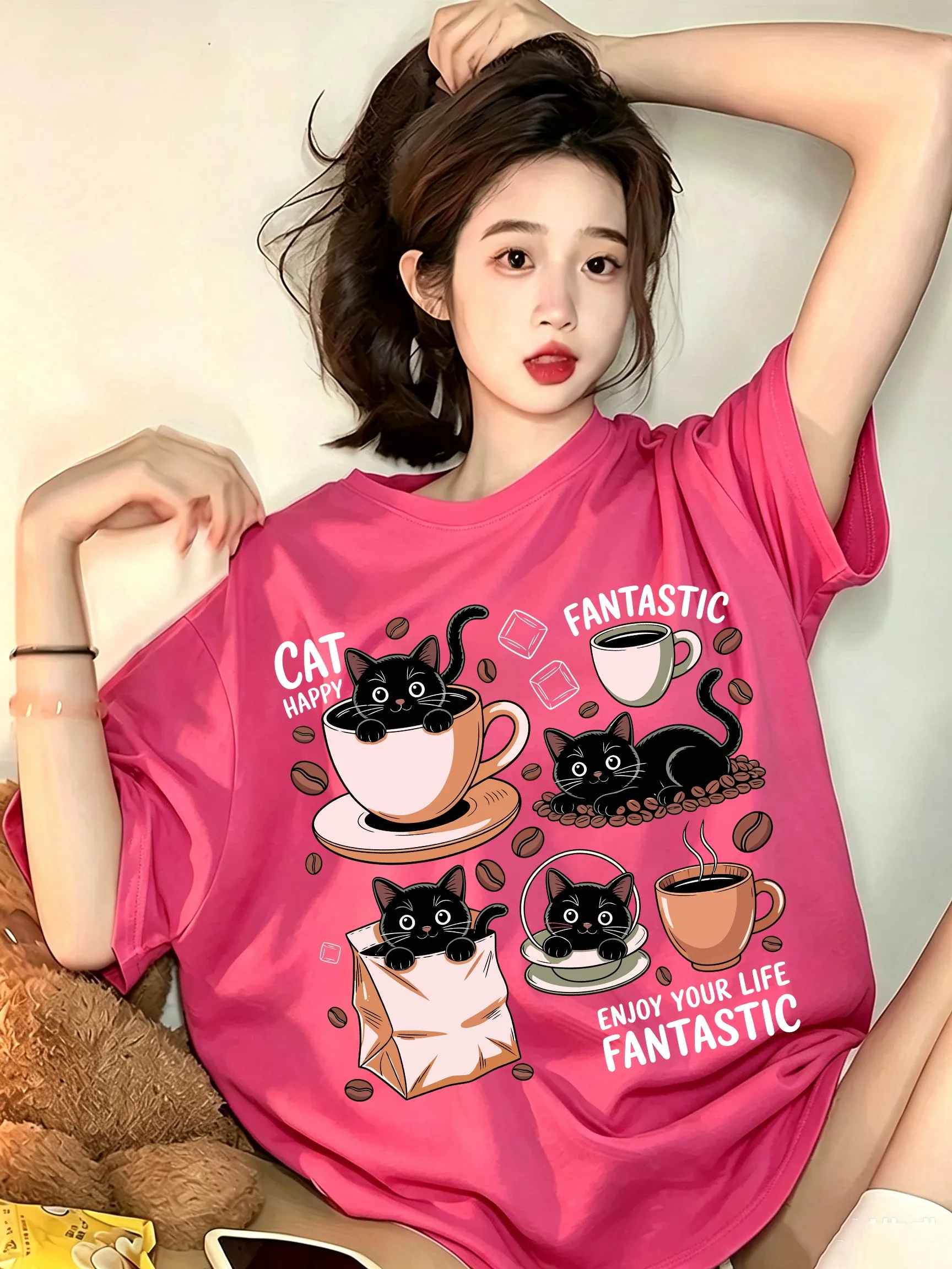Enjoy Your Life Happy Coffee Cat Printed Woman Casual Soft Streetwear Cotton Trendy Short Sleeve Hip Hop Comfortable T Shirts