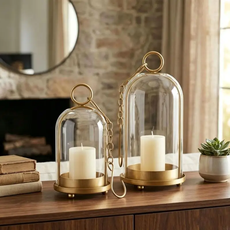 Windproof Holder Set of 2 with Clear Glass Dome Covers, Metal Bases, Dining Table and Wedding Centerpiece, Hanging 87HA