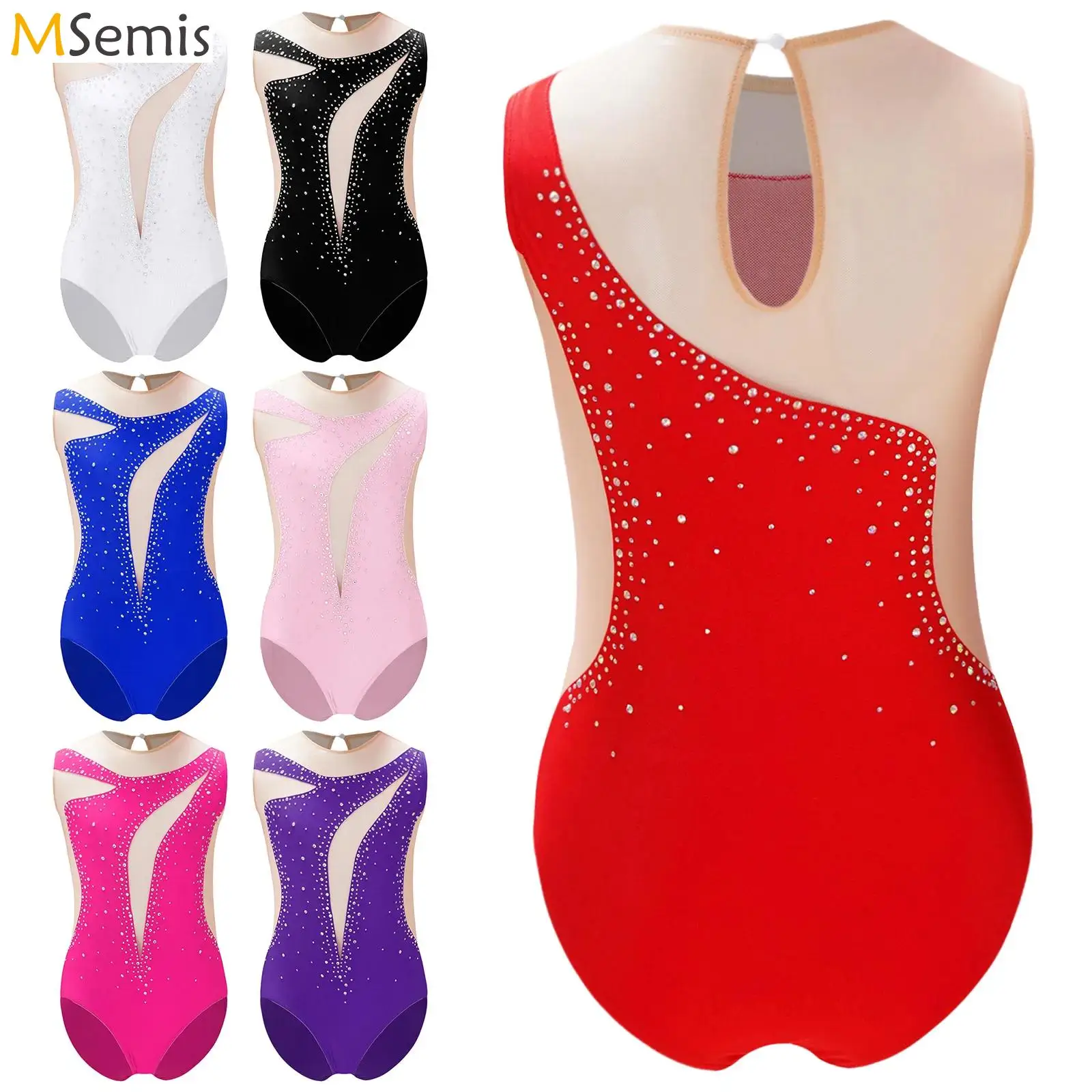 

Kid Girls Shiny Rhinestone Ballet Dance Leotard Diamond Sparkly Figure Skating Costume Sleeveless Sheer Mesh Bodysuit Dancewear