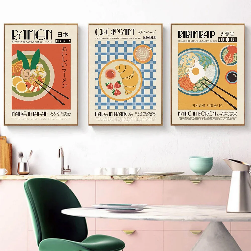 Modern Kitchen Decor Japanese Korean Foods Posters Croissant Bibimbap Gyoza Ramen Kimchi Canvas Painting Wall Art Print Pictures