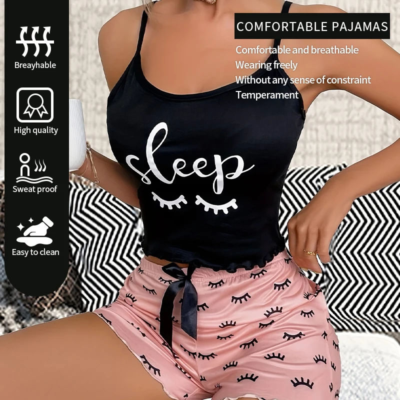 Summer New Two-Piece Printed Eyelash Style Casual V-Neck Strap Black Top and Short Women\'s Casual Pajama Set