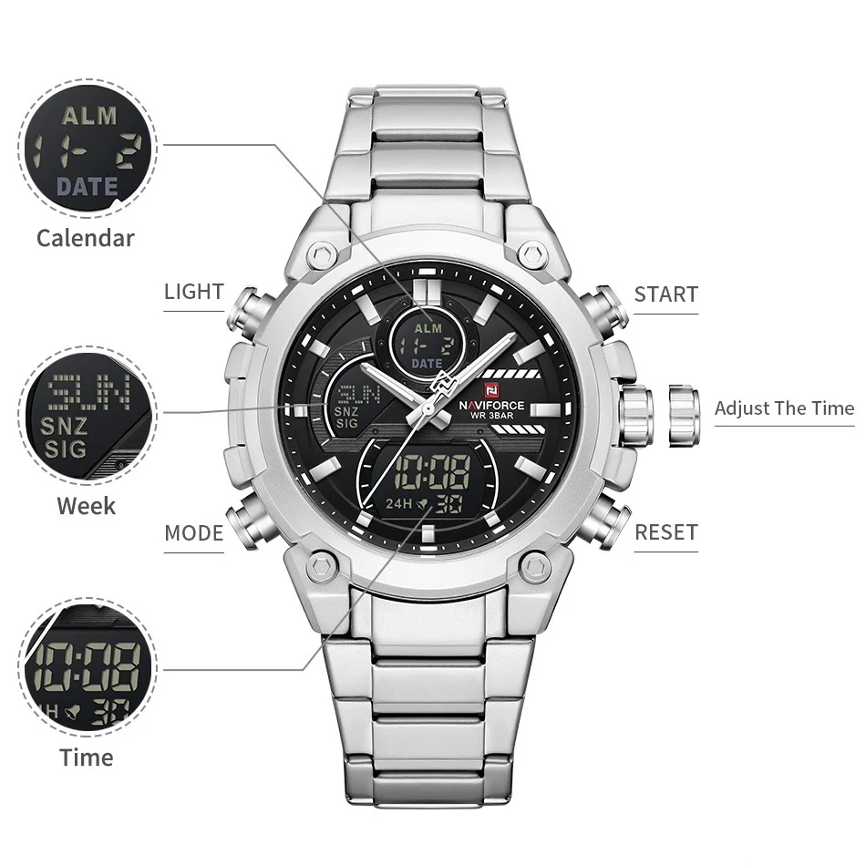

Мужские часы NAVIFORCE с таймером обратного отсчета и будильником, многофункциональные часы с ремешком из нержавеющей стали, 3ATM, часы с двойным дисплеем, часы для мальчиков