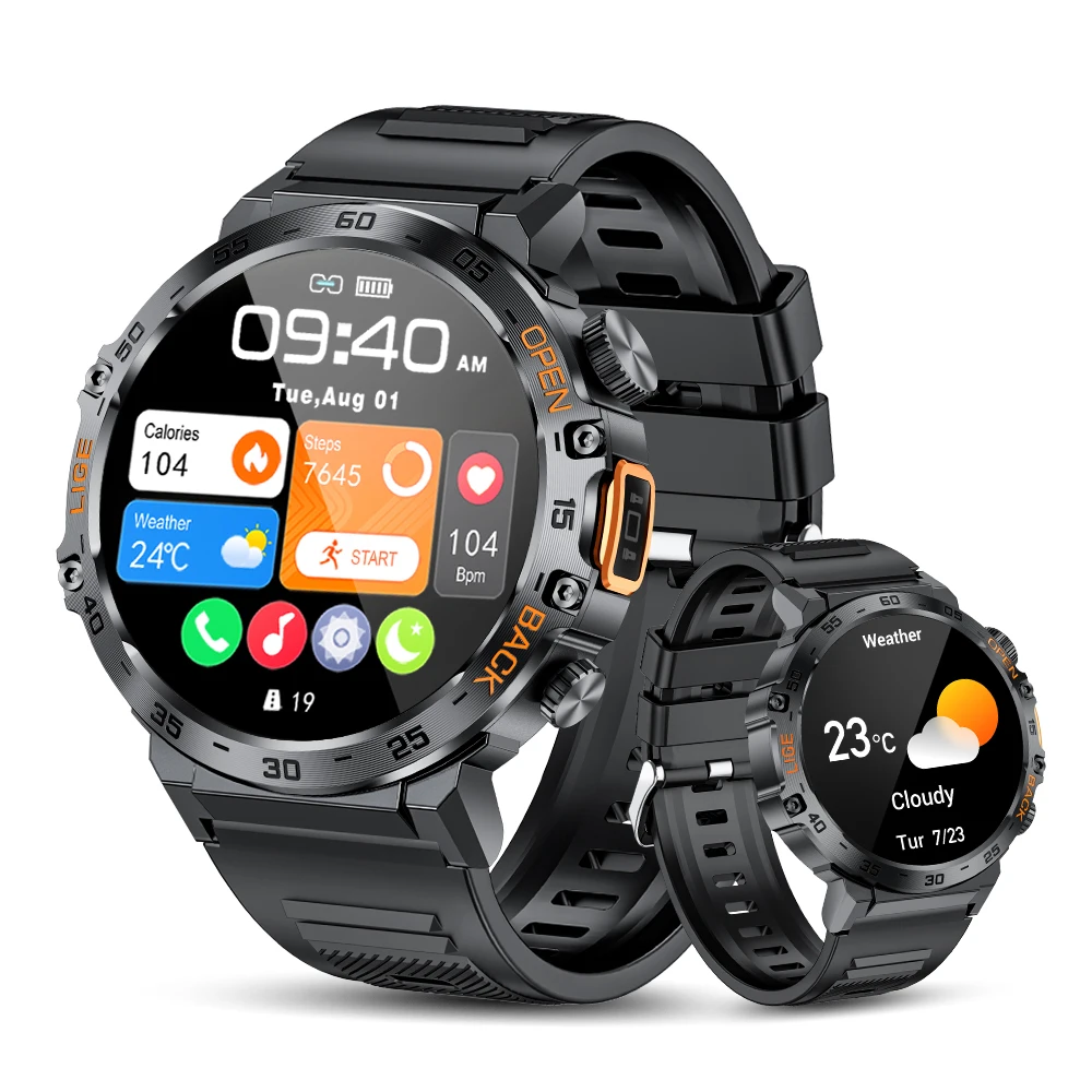 For Huawei Xiaomi New AMOLED Smart Watch Men with Flashlight Sports Waterproof Fitness Tracker Bluetooth Call Smartwatch Man+Box