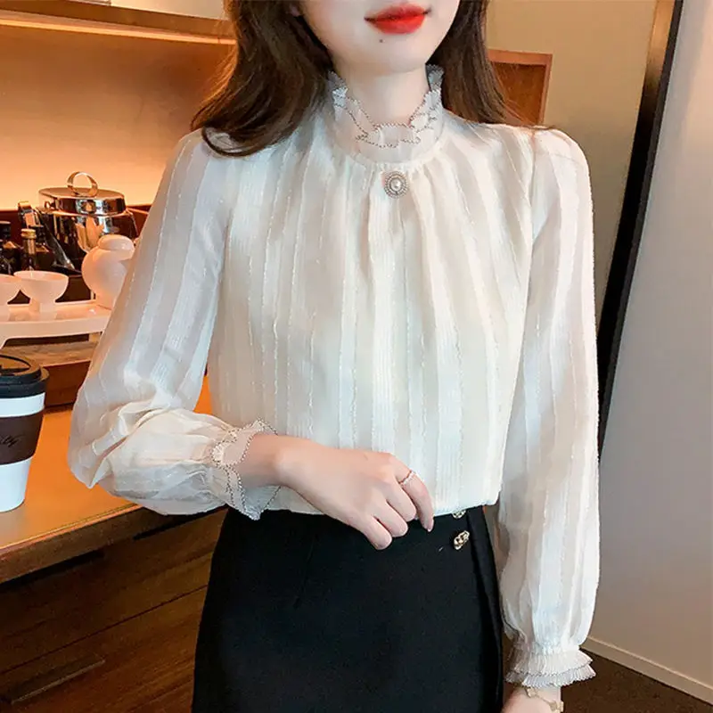 Women\'s Fashion Vintage Ruffle Beaded Sweet Blouse Elegant Chic Stand Collar Chiffon Shirts Female Casual Long Sleeve Solid Tops