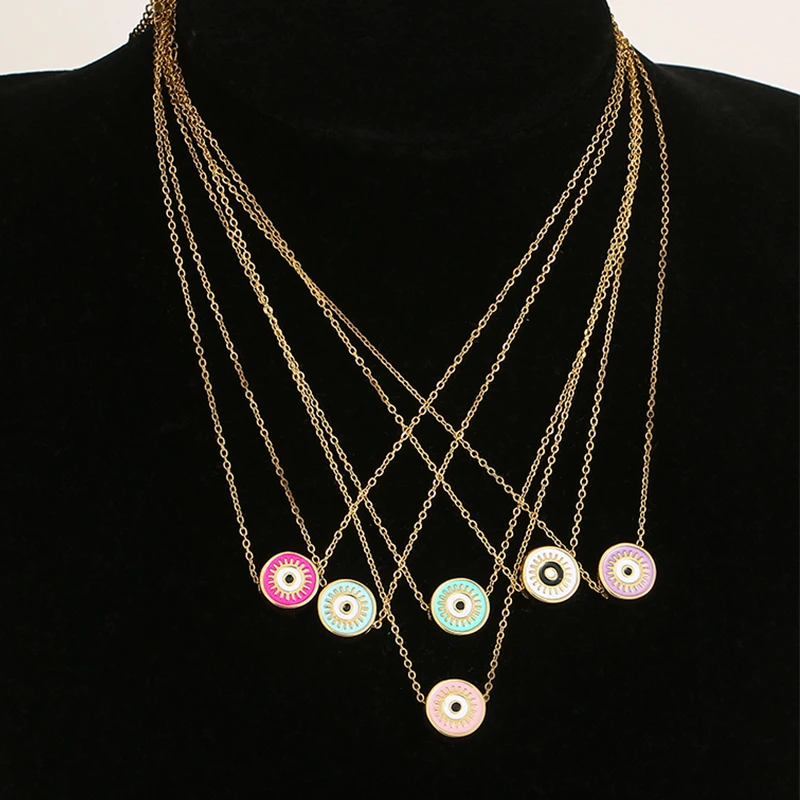 

Evil Eye Necklace for Women Dropping Oil Circular Pendant Stainless Steel Necklace Personalized Clavicle Chain Fashion Jewelry