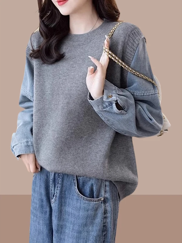 Fashionable Korean Style Knitted Top with Denim Sleeve Patchwork False Two-Piece Design for Women Elegant Commute Wear