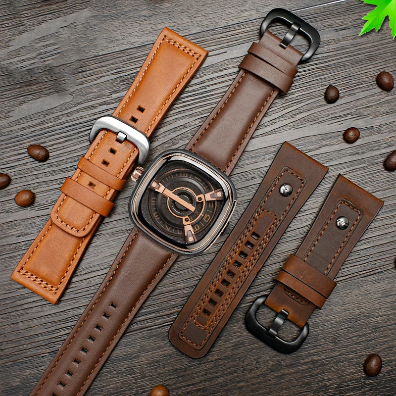 For Seven Friday P1 Q2/03/M2/M021 T2 Genuine Leather Watch band Vintage Diesel Large Size Metal Riveted Men Strap 28MM Bracelet