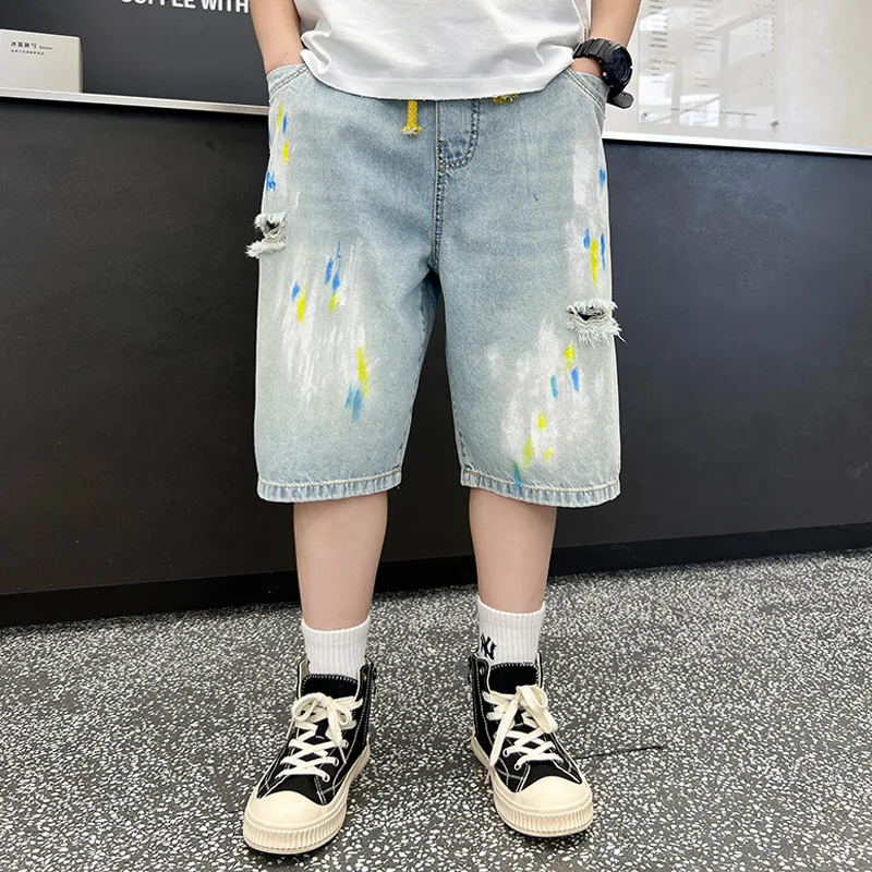 Loose Straight Children's Drawstring Denim Shorts for Boys Ripped Baggy Jeans Shorts with Drawings Kids Fashion Street Capris