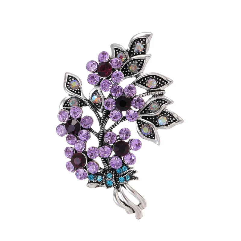 Broche de bouquet de cuir chevelu en cristal de Rotterdam pour femme, épingle de corsage de plante de fleur, biscuits violet vintage, bijoux de luxe de haute qualité, cadeau