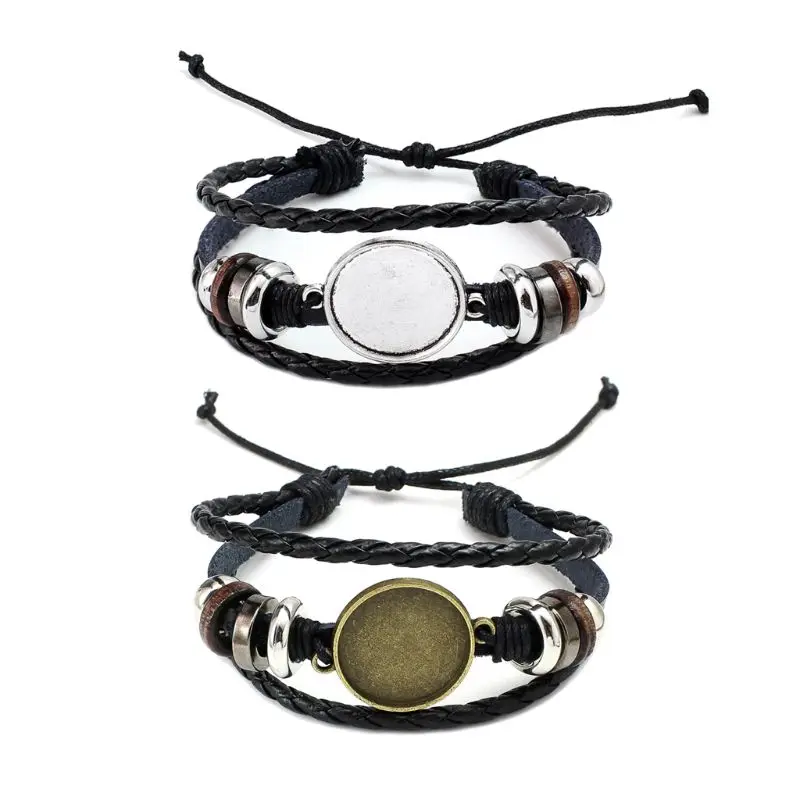 Braided Leather Bracelet with Bezel Tray Wrap Bracelet Men Women Leather Wrist Band Multi-Layer Bracelet Jewelry Drop Shipping