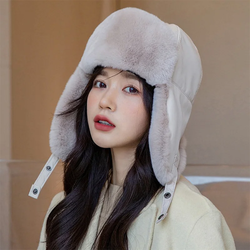 

New Winter Women's Ski Hat Thickened Rabbit Hair Warm Ear Protection Lei Feng Hat Casual Fashion Trend Fur Hat 2023