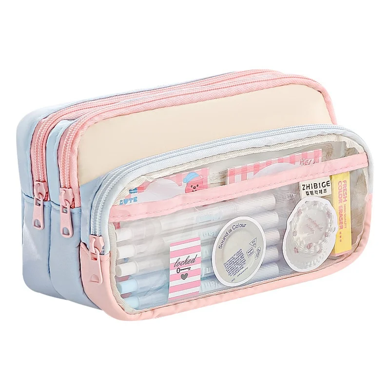 

New Large Capacity 3-Compartment Pencil Bag - Transparent Kawaii Stationery Case, Multifunctional School Supplies