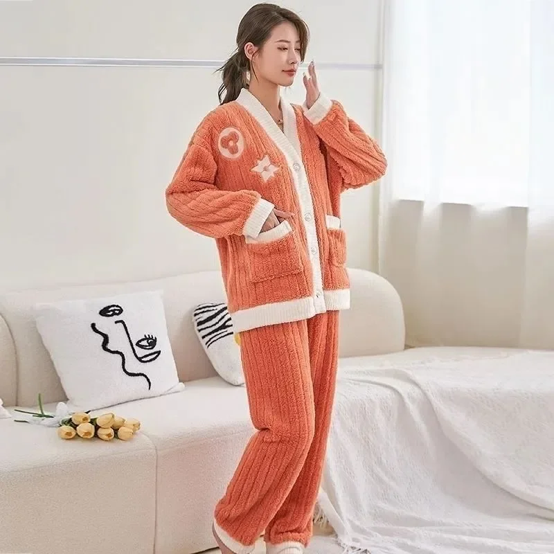 2023 New Autumn Winter Housewear Flannel Suit Coral Velvet Loungewear Warm and Comfortable Pajamas Women V-neck Sleepwear