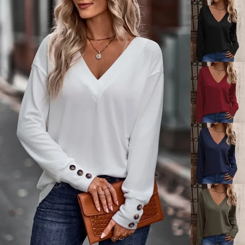 

Women's V-Neck Loose Long-sleeved T-shirt, Button Top, Solid Color, Early Spring, New