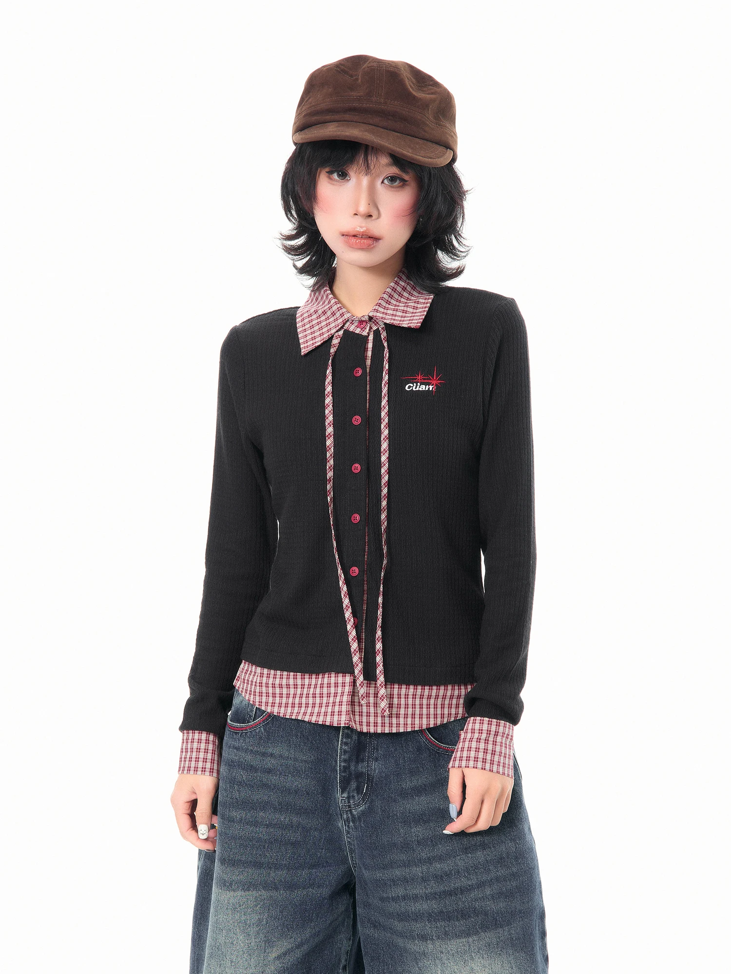 

Американский вязаный кардиган в клетку с эффектом двухслойности, женский, весенний, приталенный, с длинными рукавами, с поясом, универсальный дизайн