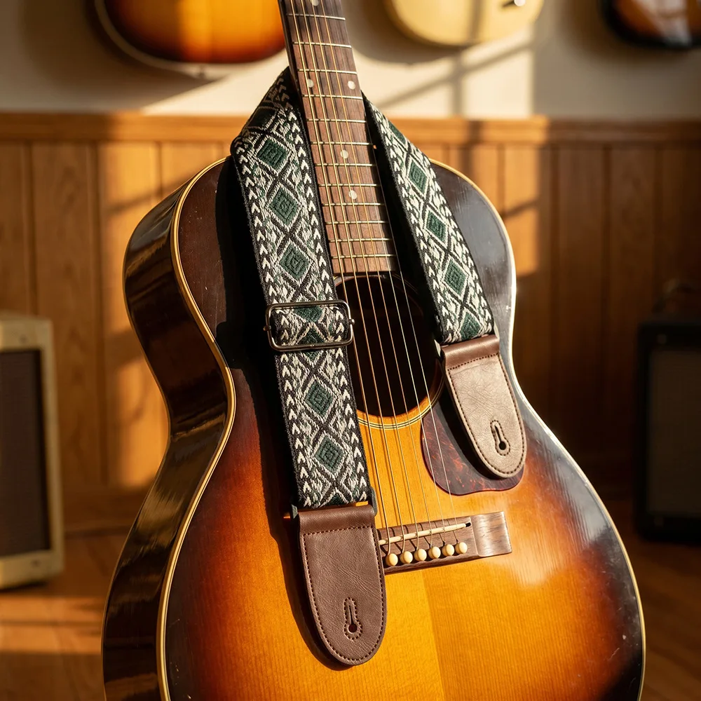 Guitar Strap Diamond Embroidered Thickened Widened Brown Leather Ends Shoulder Sling for Acoustic Electric Folk Bass Guitars