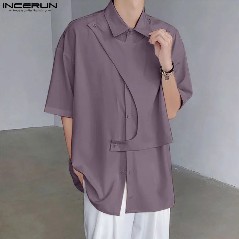 INCERUN Men Irregular Shirts Solid Color Lapel Short Sleeve 2024 Casual Men Clothing Streetwear Summer Fashion Male Shirts S-3XL