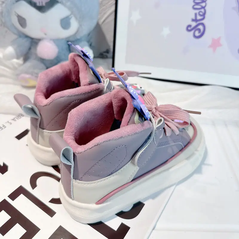 Sanrio Kuromi Cartoon Cute Girls Sneakers Winter Kids High Top Sneakers Pile Cotton Shoes Girls Casual Shoes Birthday Gift