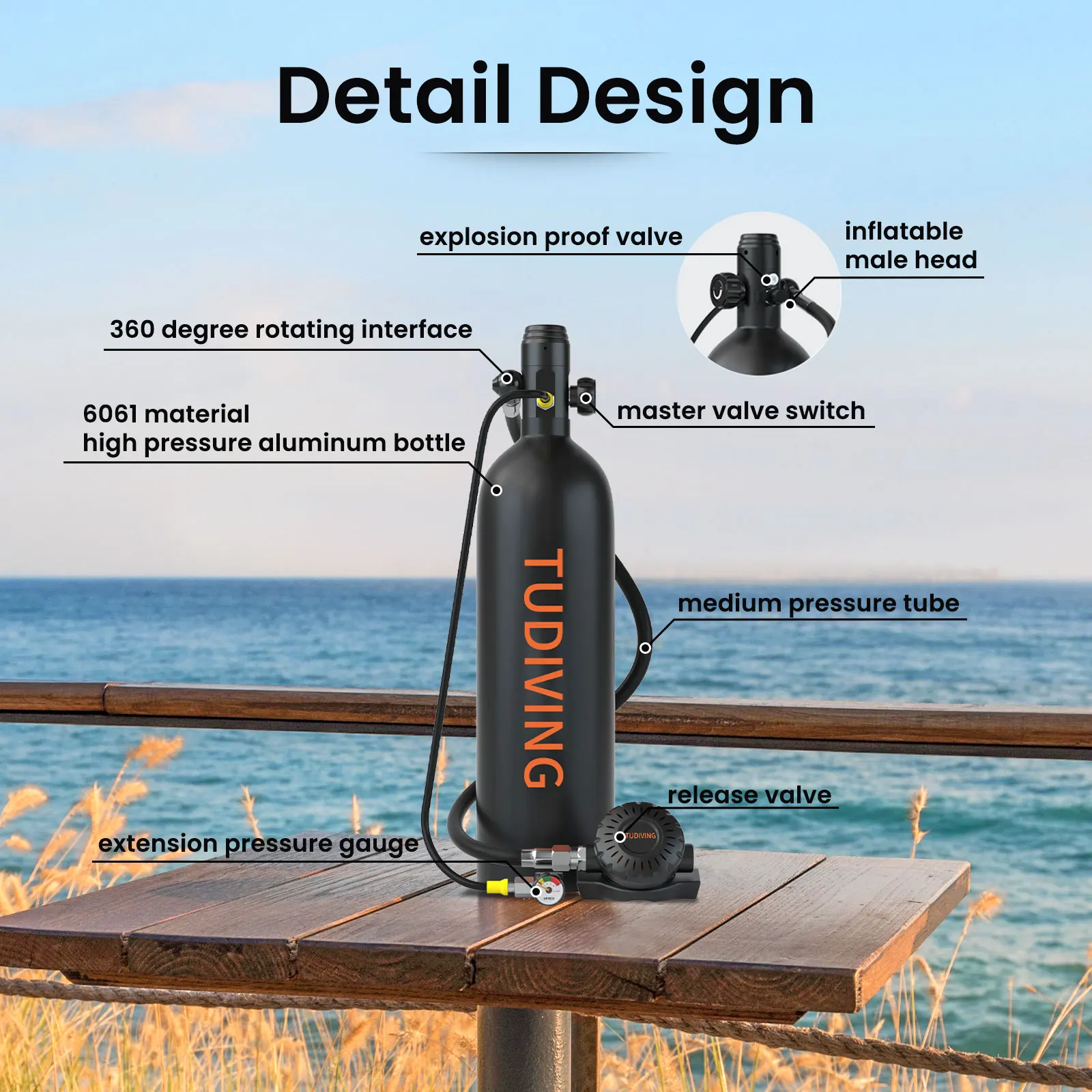 TUDIVING-2L Portable Scuba Diving Tank Support 30-45 Minutes Breath,4500Psi Scuba Diving Cylinder,Refillable Scuba Bottle