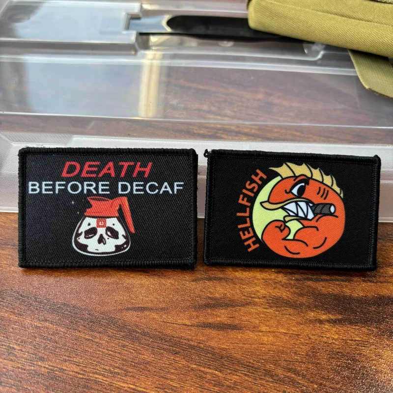 Death Before Decaf Skull Morale Tactical Patch Printing Hook&Loop Military Flag Fighting Hellfish Morale Badge Backpack Stickers