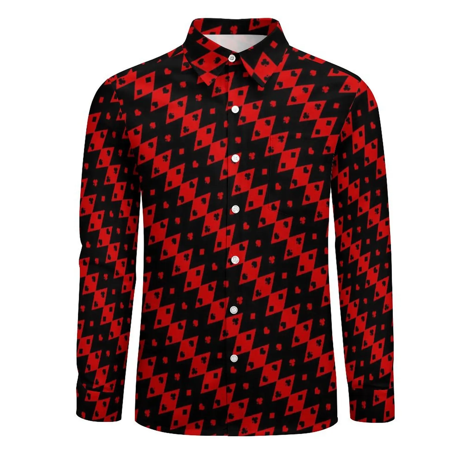 Mens Shirt Playing Cards Casual Shirts Long Sleeve Black and Red Shapes Fashion Blouses Autumn Classic Design Oversized Top