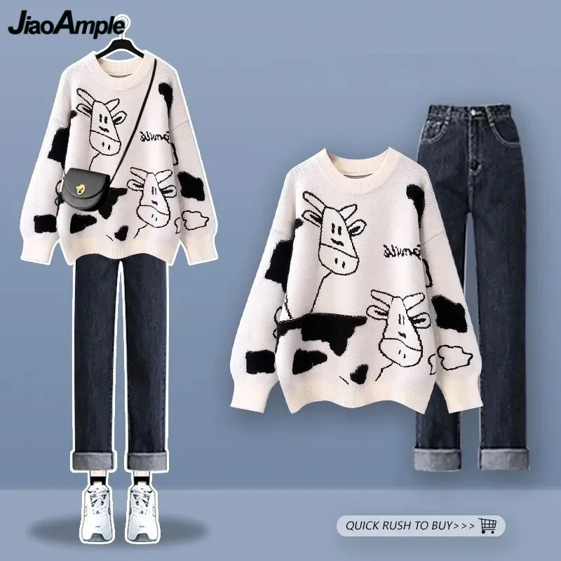 2024 Spring Autumn Women Cute Cartoon Sweater Wide Leg Pants 1 or Two Piece Set Korean Lady Casual Loose Knit Tops Jeans Outfits