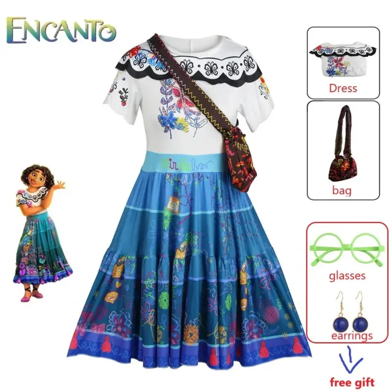 

Charm Princess Dress Girls Cosplay Encanto Costume Bag Suits Mirabel Christmas Carnival Halloween Party Dress Gift