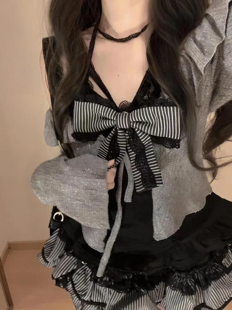 Gray Long Sleeve Knitted Cardigan Tops+ Sweet Lace Bow Black Camisole Vest+ High Waist Ruched Skirts Autumn New Two Piece Sets