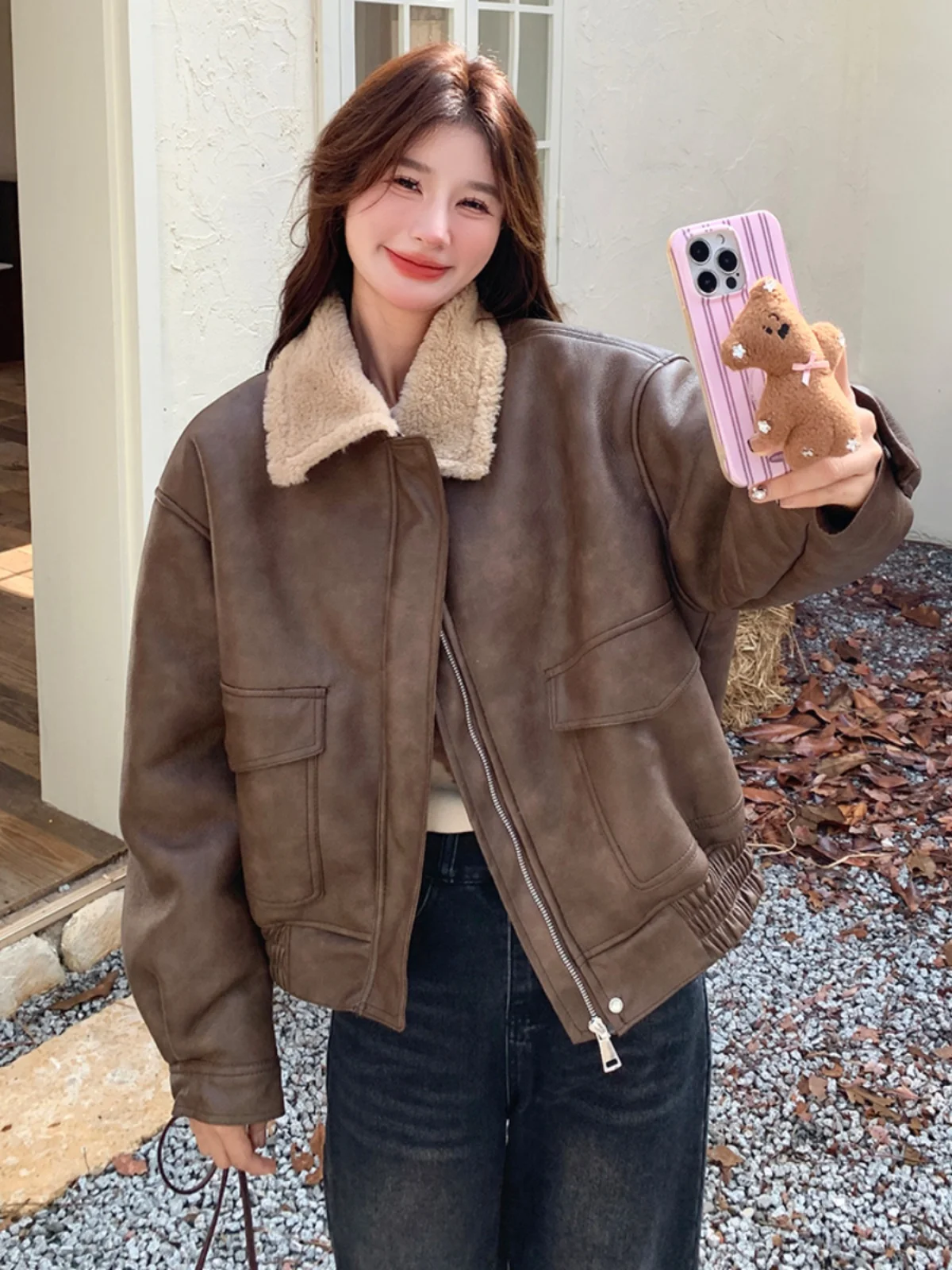 Cálido Thiened Piel marrón Jaet mujer invierno Fce forrado motocicleta Sle eepskin abrigo de cuero calle fresco dulce