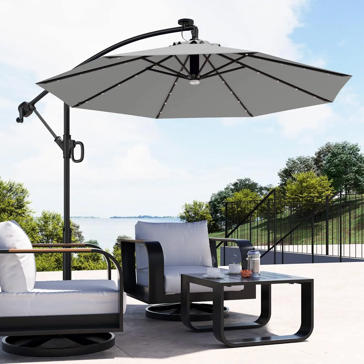 

Umbrella, 10 ft Outdoor Offset Umbrella with 8 Ribs, 40 LED Solar Lights and Crank, Aluminum Pole and UPF 50+ Fade Resistant