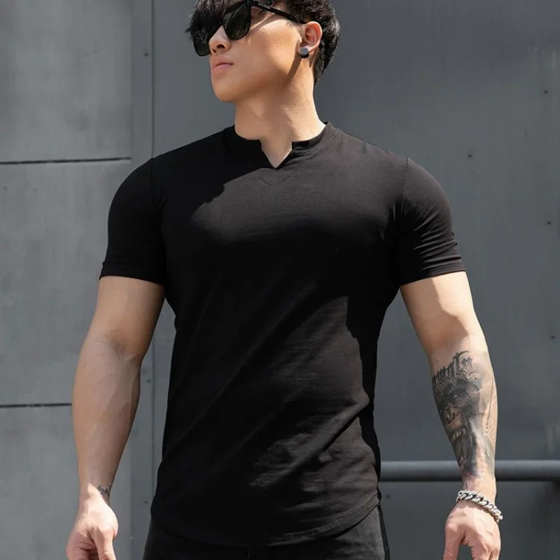 Men Summer Slim Fit Fashion T Shirt Fitness Motion Hip Hop Streetwear Running And Fitness V Neck trend Breathable Top