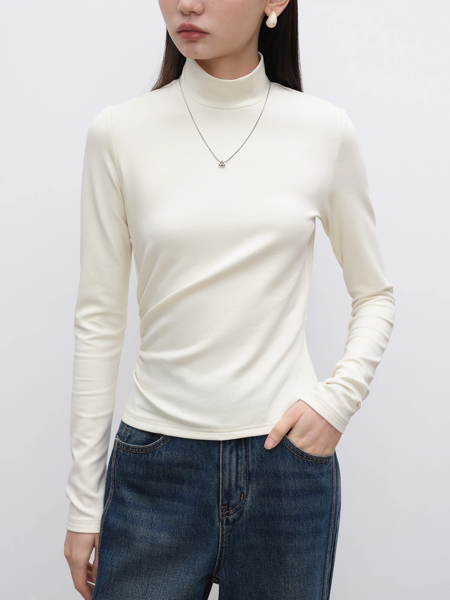 ZIQIAO【3 Colors】Women Beige Pullover Top Autumn New Round Neck Thin Sweater Halfmock Neck Bottoming Shirt 24ZQ93200+24ZQ93263