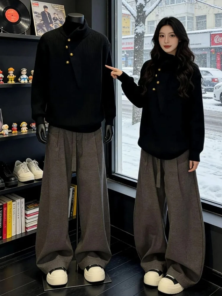 

Черный свитер с полувысоким воротником, зимний, нейтральный, вязаный, Cleanfit, для пар, базовый, свободного кроя, с длинными рукавами