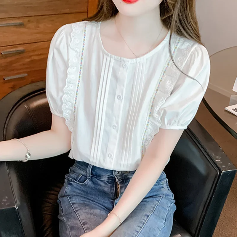 

Sweet White Shirt Summer Short Puff Sleeve Blouse Women Tops Casual Round Collar 2023 New Elegant Buttons Lace Clothing 26124