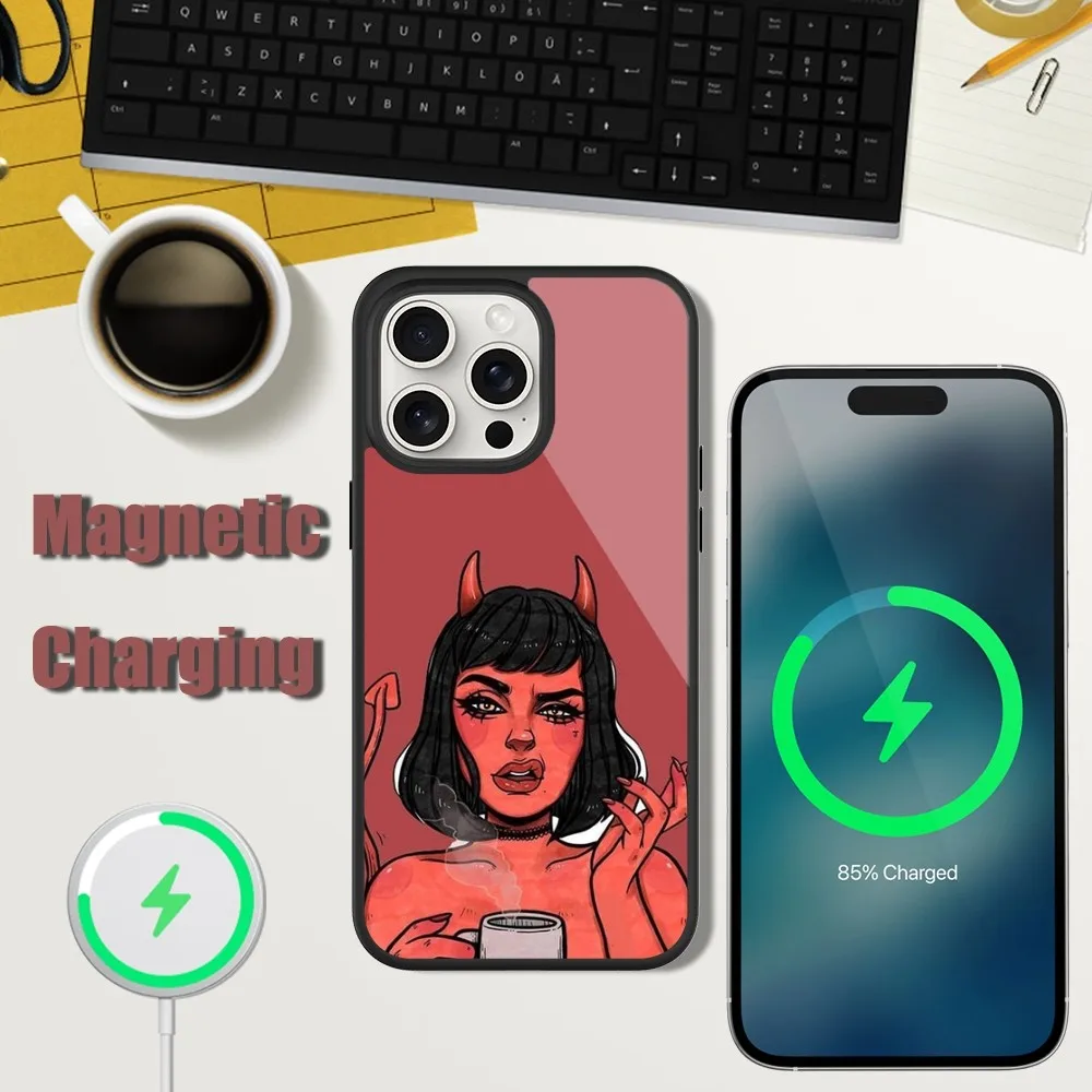 Devil Girl Comic Phone Case For iPhone 13 15 11 12 14 Plus Pro Max Glass Charging Magsafe Magnetic Cover