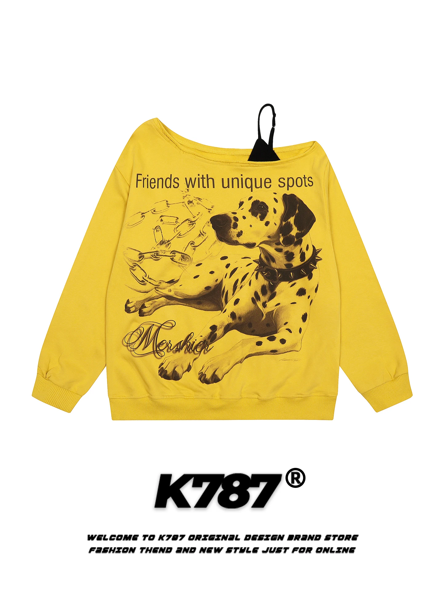 

K787 Sweet Spicy Long Sve Dog Print T-irt Women Loose Agel Yellow Sweatirt Jaet Street Sle Casual Cotton Blend