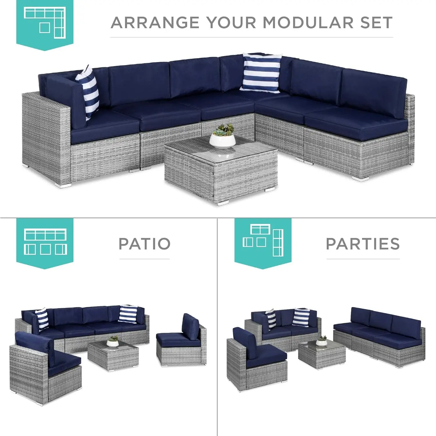 Best Choice Products 7-Piece Modular Outdoor Sectional Wicker Patio Conversation Set w/ 2 Pillows, Coffee Table, Cover Included