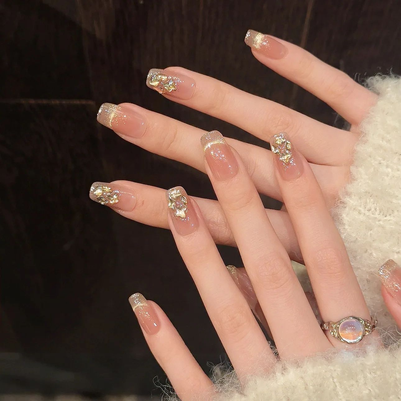 10 pièces de luxe à la main presse sur les ongles carré moyen Champagne Rose doré Design avec 3 pièces outil adhésif onglets de colle à ongles