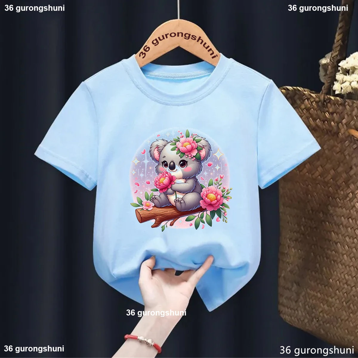 Funny Koala Riding Motorcycle Cartoon Print T-Shirt Kids Fashion Baby Tshirt Summer Kawaii Girls T Shirt Blue Short Sleeved Top