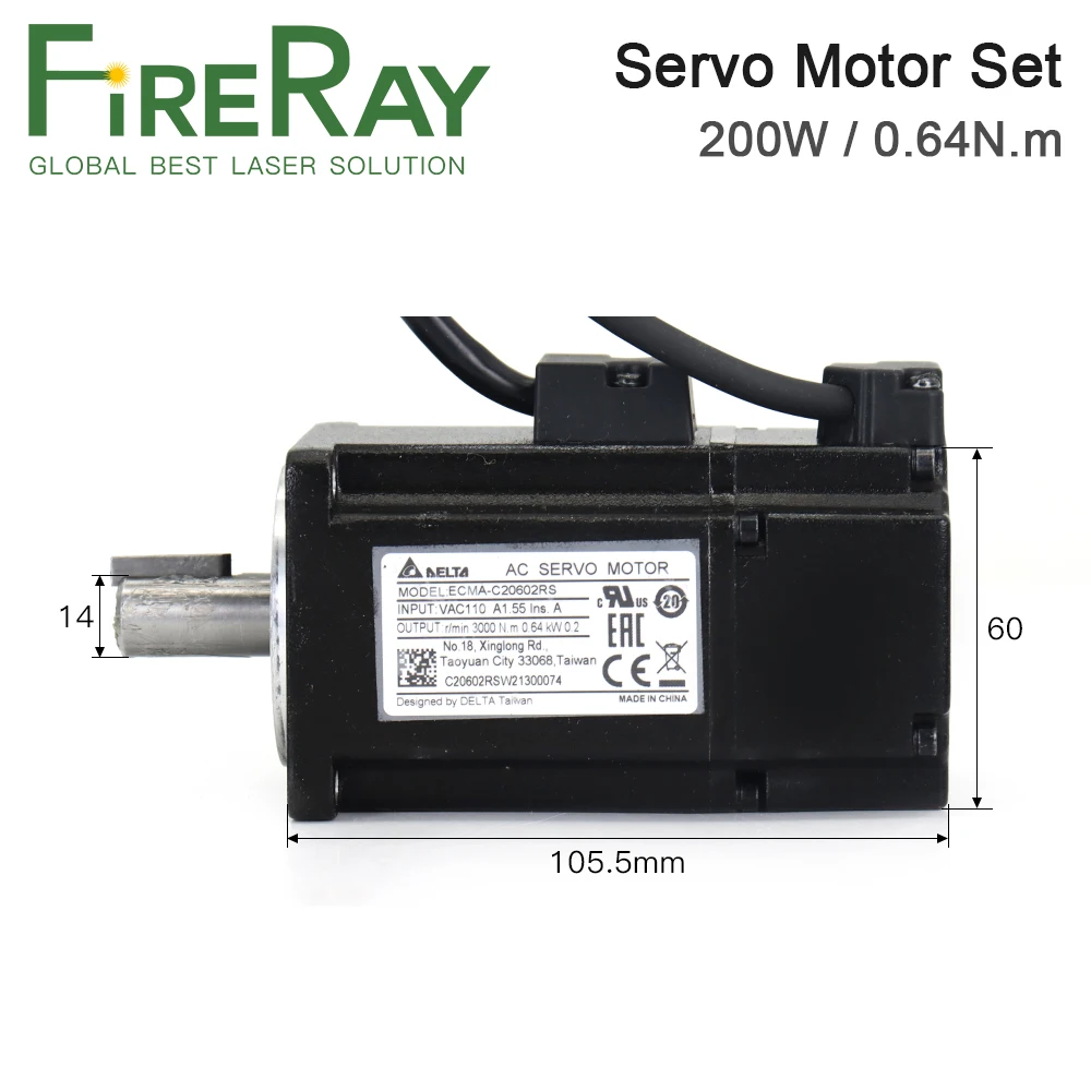 FireRay 200W AC Servo Motor Driver Kits 0.64N.m 1.55A 3000rpm B2 Series ASD-B2-0221-B+ECMA-C20602RS with 3m Cable