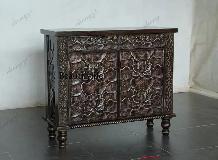 h178Solid wood carving flower storage decorative cabinets, furniture, Chinese porch cabinets